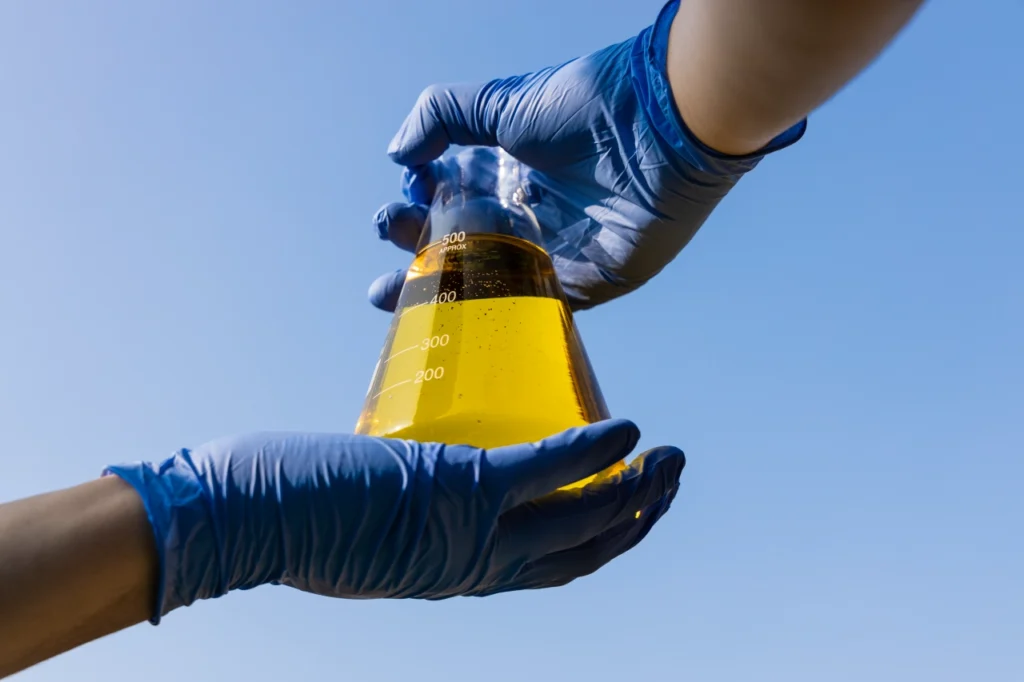 męskie dłonie w niebieskich rękawiczkach trzymają pojemnik z płynnym biopaliwem uzyskanym z bioodpadów