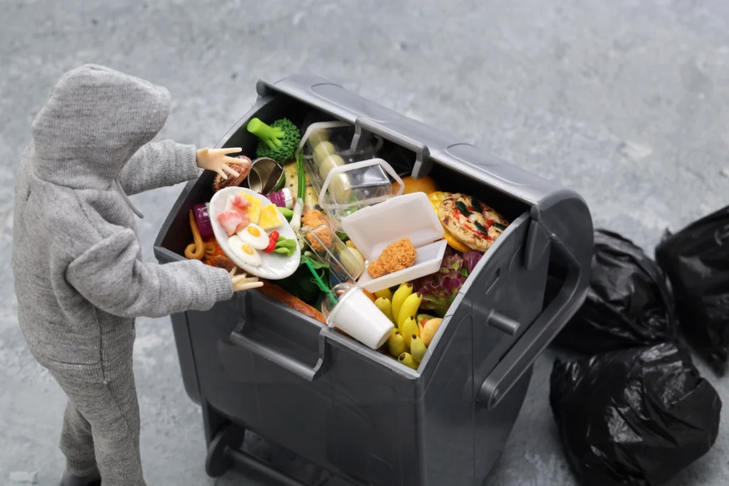 marnowanie żywności - człowiek wyrzuca talerz pełen jedzenia do kosza na śmieci