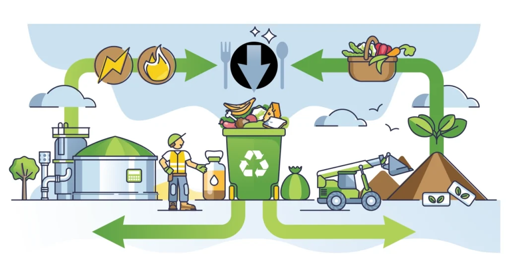 schemat przedstawiający kompostowanie i fermentację bioodpadów - 2 procesy recyklingu odpadów bio