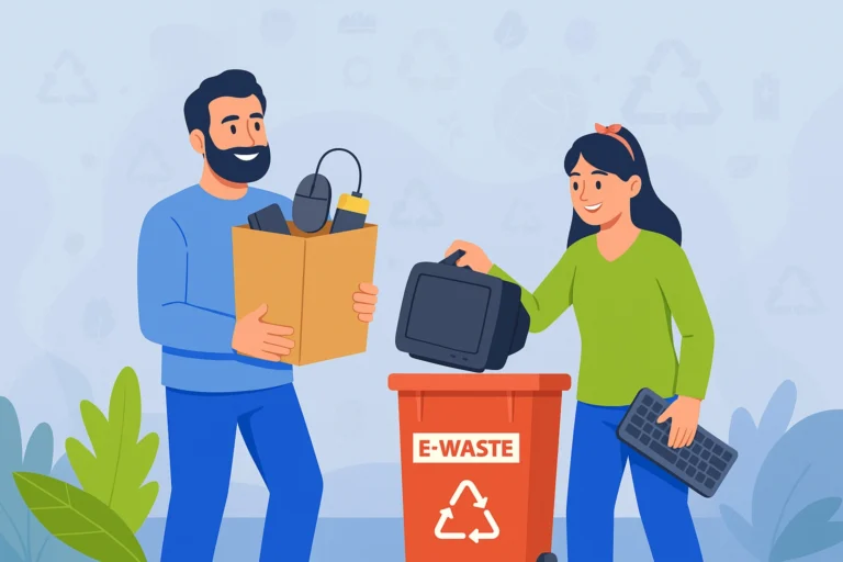 mężczyzna i kobieta segregują elektroodpady do pojemnika na elektrośmieci