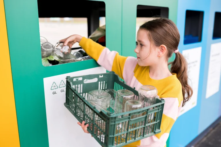segregacja szkła - dziewczynka wyrzuca szklane opakowania do zielonego pojemnika na szkło